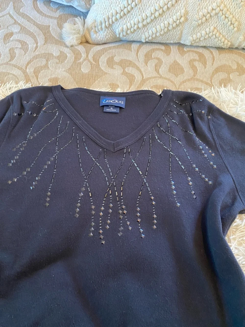 Las Olas Beaded V-Neck Top Size S Navy 3/4 Sleeve Embellished Blouse